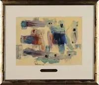 Alfred Manessier, Abstract Composition –1949, Mixed media modern abstract has an oil and watercolor scene in colors of blue, red, which wash and green