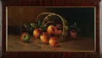 Winthrop Chandler, Spilled Basket of Apples, Pastel scene shows a round handled basket on its side with a number of apples in and around the basket