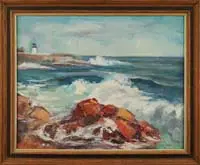 Hoffman, New England Coastline, Oil on canvas scene shows large waves crashing onto rocky shore. A point of land is seen with white and black lighthouse