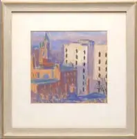 Portland, Maine from Her Hotel Window by Anne Cary Bradley, Pastel cityscape shows colorful buildings, sold May 2006