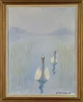 E. Halstrom, The Swans, Oil on canvas scene shows two swans swimming toward viewer on a light blue lake with blue hill and sky background