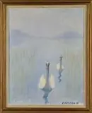 E. Halstrom, The Swans, Oil on canvas scene shows two swans swimming toward viewer on a light blue lake with blue hill and sky background