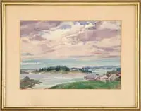 Edgar Whitefield Jenney, Coastal Landscape, Watercolor scene shows houses along a coastline with island and hills beyond