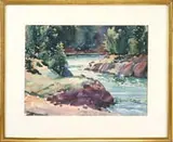 Edgar Whitefield Jenney, The Inlet, Fine watercolor scene shows a rock banked inlet with green trees