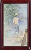 Robert Gallon, Boy Fishing on Dock, Watercolor summer scene shows a young boy with fishing pole at end of dock. Tree lined bank with blue water