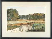 Seton Shanley, Landscape, A summer watercolor scene shows several cows along side a river with trees in pastures