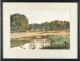 Seton Shanley, Landscape, A summer watercolor scene shows several cows along side a river with trees in pastures