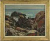 William Lester Stevens, Halibut Point, Rockport, Oil on canvas coastal scene shows rocks at waters edge with small waves. Two boats are seen on a calm ocean