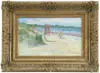 Mike Graves, Sunbathing at Cape Ann Beach, Oil on canvas scene shows a crescent shaped beach with two lifeguard tower chairs and many people walking and sunbathing