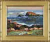 Emile Albert Gruppe, Bass Rocks, Gloucester, Colorful oil on board coastal scene shows grass covered rocks and blue ocean with waves breaking on rocks