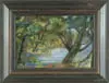 Bernard Karfiol, The Pond in the Woods, Oil on canvas scene shows a pond visited by two nude bathers. Large trees and colorful foliage surround water