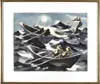 James Fitzgerald, Seining Off Monhegan Under Moonlight, Large watercolor scene shows three dories having two men rowing in each in choppy water under full moon