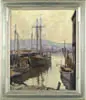 Emile Albert Gruppe, Summer Morning, Gloucester, Oil on canvas harbor scene shows several boats tied to docks with low hill and building docks in the background