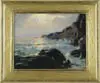 Frederic Judd Waugh, Afternoon Glow, Oil on masonite coastal scene shows waves crashing on rocks in a late afternoon/early evening setting sun