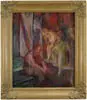 Don Freeman, The Nonchalance Back Stage, Oil on canvas stage scene shows woman with costume next to seated man on steps. All in a back stage interior