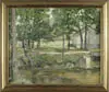 George Gardner Symons, House and Stream, Fine oil on canvas scene shows a house and barn with road, bridge and stream in a spring/summer landscape