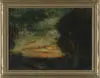 James S. King, Close of Dark, Oil on canvas late evening scene shows a colorful sunset with tall trees and blue to orange sky