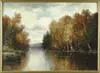 Wesley Webber, Fall River Landscape, Oil on canvas scene shows a small river with tall trees in fall colors with three figures on rocky bank
