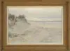 Ken Gore, Haze at Good Harbor Beach, Oil on board shows a sandy beach with low grass covered dune, sunlit tranquil ocean with island in background