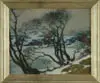 Joseph B. Davol, Winter Day, Oil on canvas winter coastal scene shows tree lined shore on ice covered inlet. Overcast day
