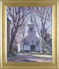 Emile Albert Gruppe, A Cape Ann Church, Oil on canvas scene shows a large white church framed by large trees. Three people approach front entrance