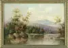 George McConnell, Saco River, Oil on board scene shows a river winding past blue mountain in fall colorful landscape