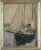 Caroline M. Bell, Harbor Schooner, Oil on board harbor scene shows a blue hulled two-mast schooner tied to dock. Another boat is scene behind