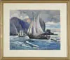 Sailing Off Black Head, Monhegan by George Pearce Ennis, Watercolor scene shows two schooners off large cliff with figures aboard, sold Aug 2005