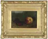 Arnoud Wydeveld, Peach and Plums, Oil on board still life scene shows one peach with three plums set on a stand and grass background
