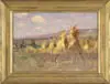 Walter A. Clark, Corn Stacks, Oil on canvas scene shows several tall corn stacks in a harvested field against a sloping hillside background
