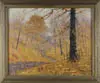George Herbert Baker, Fall Landscape Richmond, Indiana, Oil on masonite fall scene shows a dirt road winding through woods with colorful foliage