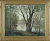 Wayne Beam Morrell, Spring Arrives at the River, Large oil on board scene shows a river lined with trees in a spring time landscape