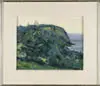 Christopher Huntington, Head Land in Spring – Monhegan 1964, Oil on wood panel scene shows a Monhegan coastline covered with green trees and grass