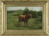 Nicholas Winfield Scott Leighton, The Red Cow, Oil on canvas scene shows a large brownish/red cow standing in a grassy field with fences and tree border