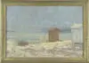 George Henry Leonard, French Coast with Bath Houses, Oil on canvas scene shows several bath houses along a turquoise sea with grass covered sandy beach