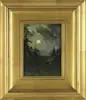 Edward Loyal Field, Untitled, Oil on panel depicts moonlit cottage in forested landscape