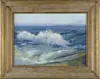 William Matthews Hekking, New Foundland Series, Oil on masonite scene shows blue, green and white waves against rocks with buoy, sailboats and steamer on horizon
