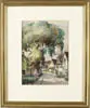 John Hare, Cape Cod Street Scene, Watercolor scene shows a dirt road flanked by New England houses, one having a large tree beside a picket fence