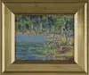 Edith Lucille Howard, At the Shore 1938, Oil on board lake shore scene shows many swimmers at edge of water and in water surrounded by trees and sandy shoreline