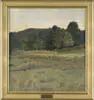 Ben Foster, Green Valley, Oil on canvas scene shows a meadow and slight hill with trees and larger hill beyond