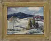 Ivar John Matheson, Mount Mansfield Scene from Cambridge, Vermont, Oil on board Vermont winter scene shows a tall blue mountain with snow covered valley dotted with houses
