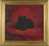 Wayne Beam Morrell, The Black Cat, Oil on masonite scene shows a black cat lying on a red upholstered sofa