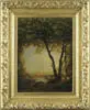 Gilbert Munger, The Clearing, Oil on canvas landscape shows a small stream pool on the edge of woods overlooking an open field with blue sky