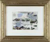 Alexander Minewski, Abstract Harbor Scene, Watercolor on paper scene shows boats in what appears to be a bridge and dock area