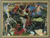 William Sharp, Corrida, Oil on masonite modernistic abstract scene of bull fighters and bulls in bull ring. Nice bright colors
