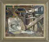 Charles J. Movalli, Peter and the Dog, Oil on canvas scene shows a boy and dog outside an open door barn with house beyond