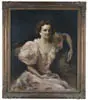 Unsigned, Portrait of Young Woman, Oil on canvas Boston School portrait shows a young woman seated on sofa wearing a fancy pink dress