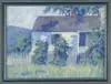 Anne Cary Bradley, The House with Nobody in It, Oil on board scene shows a New England Colonial home with picket fence and flowering bushes and tall grassy lawn