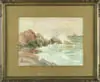 Harrison Bird Brown, Coastline with Sailboat, Watercolor scene shows waves crashing onto rocks with two-mast sailboat on horizon
