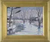 Charles Morton, Winter Stream, Oil on canvas scene shows a stream winding by several houses with tree lined banks